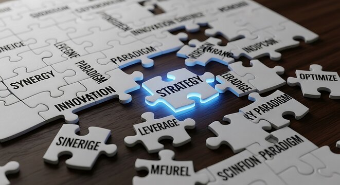 Strategic Planning and Business Success: Illuminated Jigsaw Puzzle with Key Concepts like Synergy, Innovation, and Paradigm Shift for Effective Management and Growth.