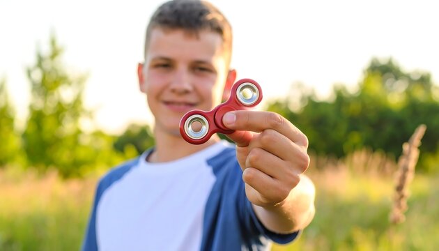 Teenager holding a fidget spinner outdoors