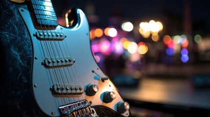 Close-up of an electric guitar with a vibrant blue body and intricate control knobs, set against a blurred colorful cityscape background at night, capturing a lively musical atmosphere