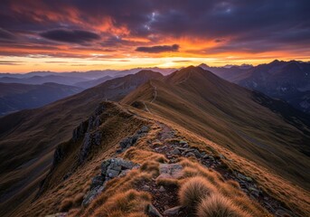 A mountain ridge hiking trail at sunset.

