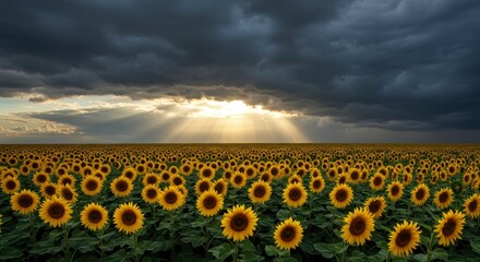 Fototapeta premium Sunflower field under dramatic sky sun rays piercing clouds