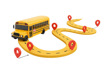 Yellow school bus on winding road isolated on transparent background