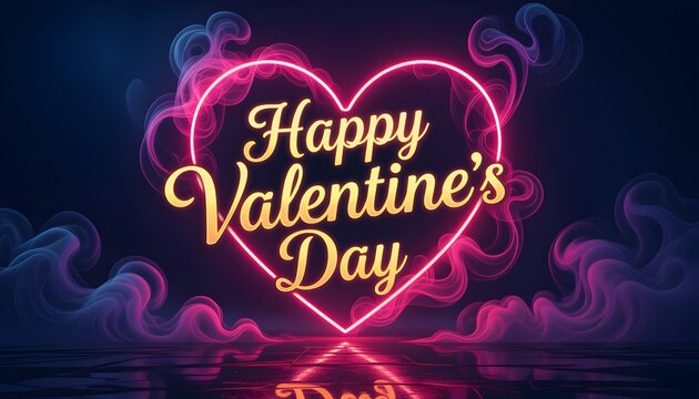 Neon glowing heart with bold text 'Happy Valentine’s Day against dark romantic background