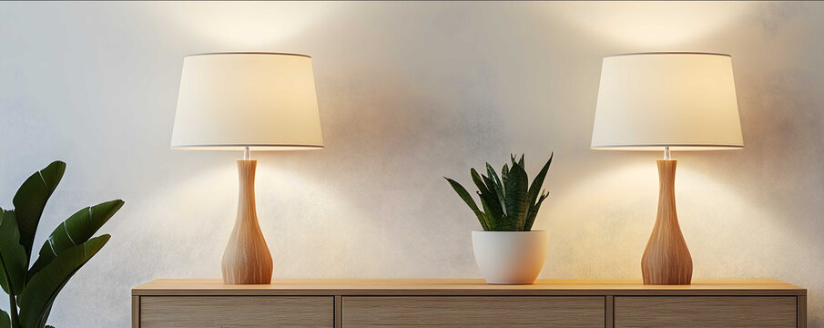 Two European wooden desk lamps placed on top of the cabinet with white fabric lampshades for the lamps White wall background