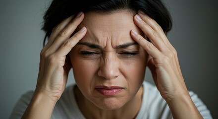 Woman holding her head appearing in distress with furrowed brow and visible wrinkles