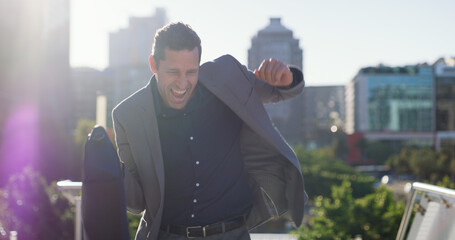 Businessman, success and dancing in city, good news or celebration for job promotion or achievement. Outdoor, employee and excited for career development, rhythm or person with opportunity on road