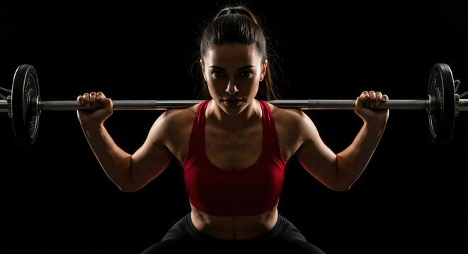 Woman in red sports bra holding barbell with intense focus on dark background. Heavy lifting motivation content for sports facility advertising campaigns