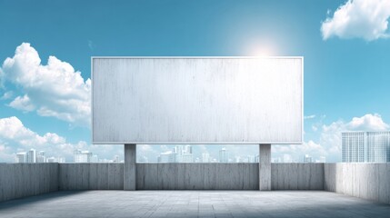 Large blank billboard on city rooftop overlooking sky and modern buildings.