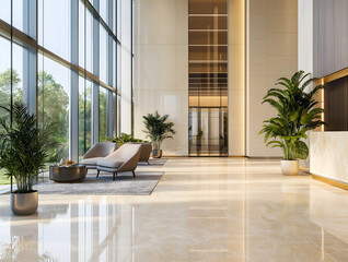 A stunning modern lobby with an emphasis on the flooring The floor is made of polished tiles either marble or porcelain featuring a sleek geometric or uniform desi