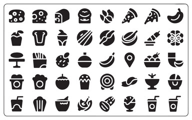 Monochrome Food Icon Set Collection Featuring Cheese Bread Pizza Banana and More Perfect for Culinary Designs and Gastronomic Projects