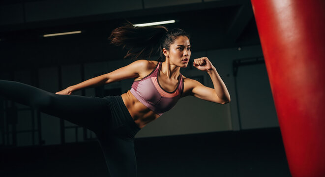 Woman in pink gradient sports bra performing dynamic high knee running exercise with motion blur. High-intensity cardio training and athletic movement for HIIT program promotions