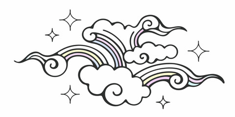 Illustration of clouds with rainbows and stars in a whimsical and dreamy style design element on transparent background