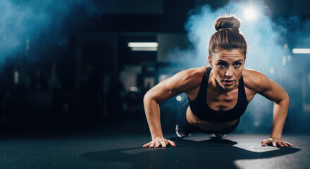 Woman performing push-up exercise with intense focus in dramatic gym lighting. Dynamic bodyweight training content for fitness center promotional banners