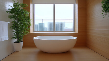 Serene bathroom featuring freestanding tub, large window, and urban view
