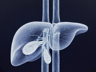 Monochrome X-Ray Style Illustration of Human Liver and Gallbladder Anatomy”