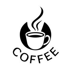 Hot coffee cup logo design, steaming drink icon, cafe beverage illustration, morning espresso symbol, black and white artwork
