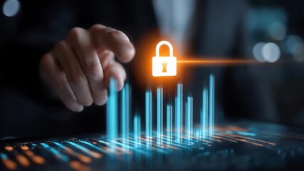 A close-up view of a hand interacting with a digital interface displaying security features, emphasizing data protection with a glowing padlock icon against a blurred background - Powered by Adobe