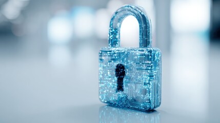 Transparent Digital Lock Padlock Glowing Blue Security Locking Device on Reflective Surface.