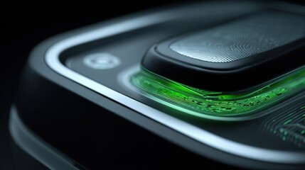 Close-up of modern portable electronic device with green illumination and sleek design.