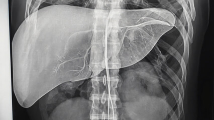 Monochrome X-Ray Style Illustration of Human Liver and Gallbladder Anatomy”