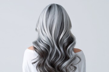 Naklejka premium A woman's back view showcases beautifully styled, wavy hair with a striking ombre effect of gray and dark brown tones against a simple backdrop.