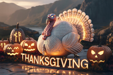 Glowing thanksgiving turkey and jack o lanterns set against a mountainous backdrop