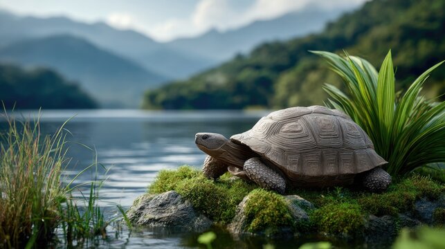 A giant tortoise inhabiting a small, lush island in the middle of Lake Poyang