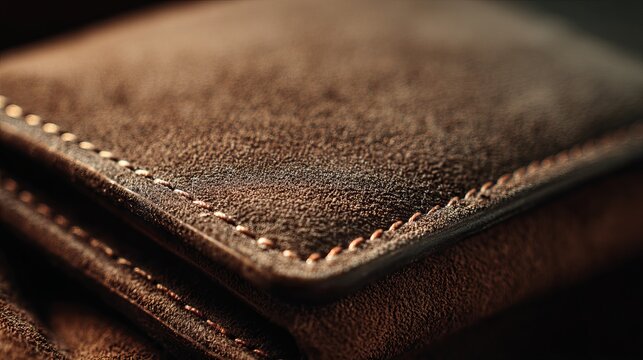 Luxurious brown leather wallet detail with elegant stitching, conveying sophistication and timeless style.