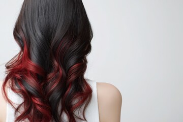 Naklejka premium A woman's back view showcases beautifully styled, dark wavy hair highlighted with vibrant crimson hues.