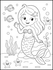 Cute Little Mermaid waving her hand. Underwater coloring pages for kids and adults. Black and White Line Art for kids
