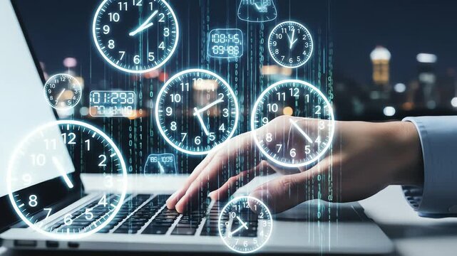 Hand touching digital futuristic hologram clock interface with innovation, speed, and time management concept - Powered by Adobe