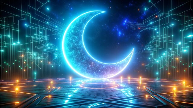 Glowing crescent moon in a futuristic digital space, surrounded by network connections and abstract patterns, creating a celestial and magical atmosphere with bright lights