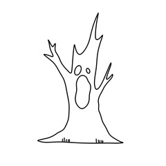 A tree with a mouth open and a scary look on its face