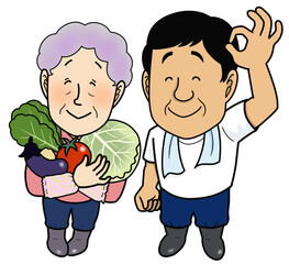 野菜を抱えて笑顔で並ぶ老夫婦