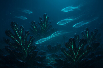 Fototapeta premium Futuristic Obsidian Coral Reef with Glowing Fiber-Optic Veins and Neon Fish
