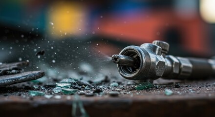Obraz premium Closeup of a spray nozzle with broken glass and debris
