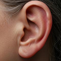 Detailed Close-up of Human Ear with Gray Hair and Visible Skin Texture