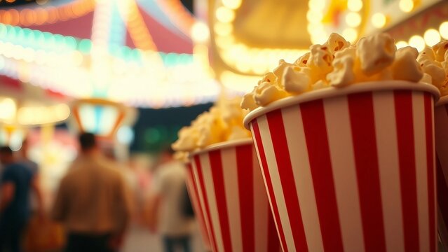 Close-up of popcorn in striped cups. Bright lights and festive atmosphere - Powered by Adobe
