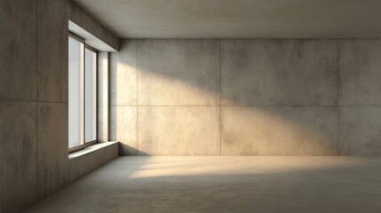 Obraz premium Minimalist Concrete Room with Large Window and Natural Light Streaming In.