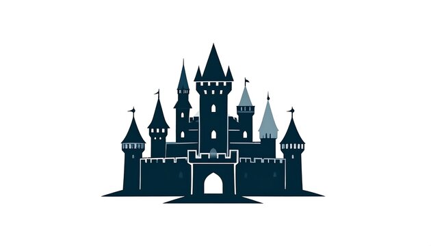 A stylized silhouette of a magnificent medieval castle, showcasing detailed towers and battlements against a plain background.
