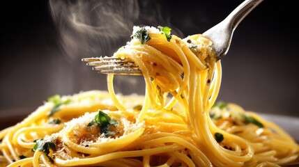 Close-up of steaming spaghetti pasta with herbs and grated cheese on a fork.
