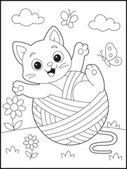 A fun and cute cartoon vector illustration of a cat. Playful Cat with a Toy Ball. Fun Black and White Line Art Coloring Page for kids and Adults