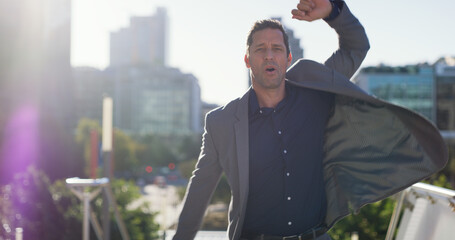 Hailing, taxi and businessman in rush, city and commuting to work, morning and attorney with stress. Outdoor, lawyer and late for meeting, hand gesture and worry for missed court deadline or travel