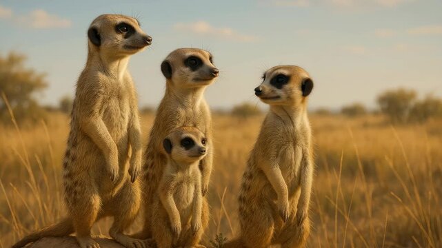 A video still of four meerkats standing alert in a sunlit savannah. Captured from a low angle, showcasing their curious and watchful nature. Live desktop wallpaper.