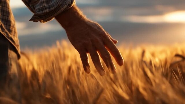 A close-up of a person's hand gently brushing through golden wheat fields during sunset, capturing the essence of harvest season and rural tranquility in a serene landscape