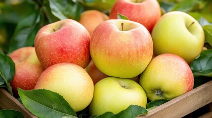 Freshly harvested apples arranged in a wooden crate surrounded by lush green leaves