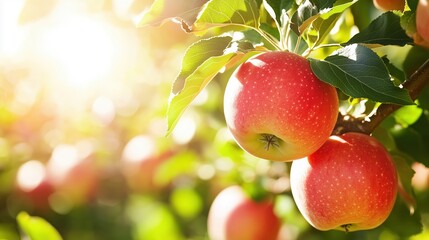 Bright red apples hanging on a tree in a sunlit orchard during harvest season