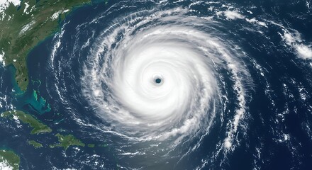 Satellite imagery reveals the striking anatomy of a mature hurricane system, with a sharply defined eye and dense spiral cloud bands indicating extreme atmospheric activity."