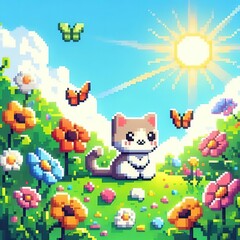 Fototapeta premium Kitten alone on hill and nature environmnt cute beauty cartoon realism graphic pixel art style