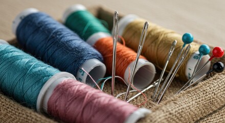 Closeup of spools of thread and sewing needles in a basket